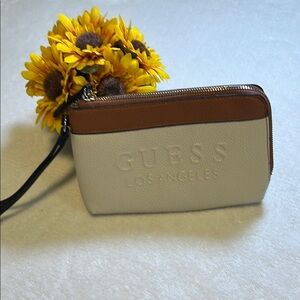 Guess Cream and Brown Clutch Wristlet with Embossed Logo
